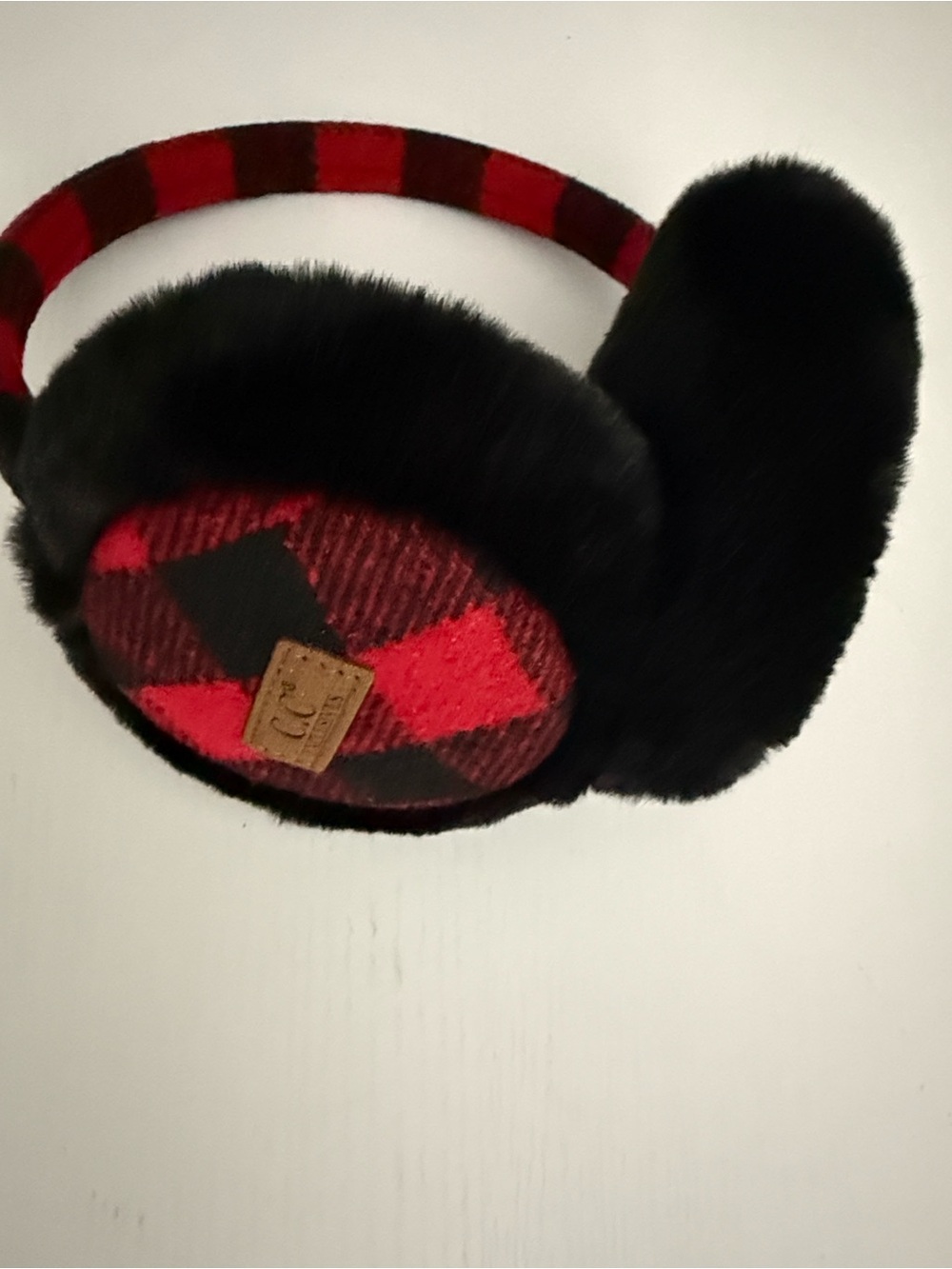 C.C Black Faux-Fur Earmuffs with Red Plaid headband